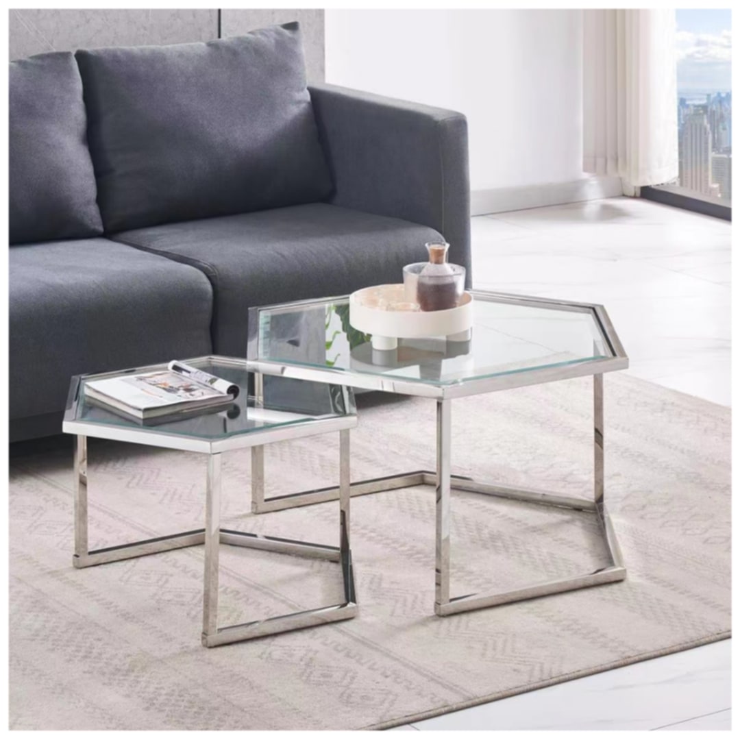 Table Basse Gigogne Hexagona – Chrome & Plateau Transparent 79x40,5 + 59x3
