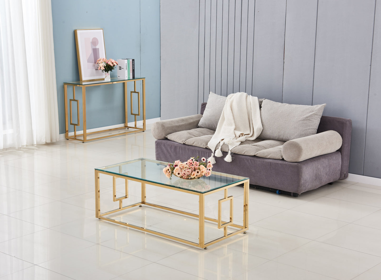 Table Basse Sophie – Métal Gold & Plateau Transparent 120x60x45 cm