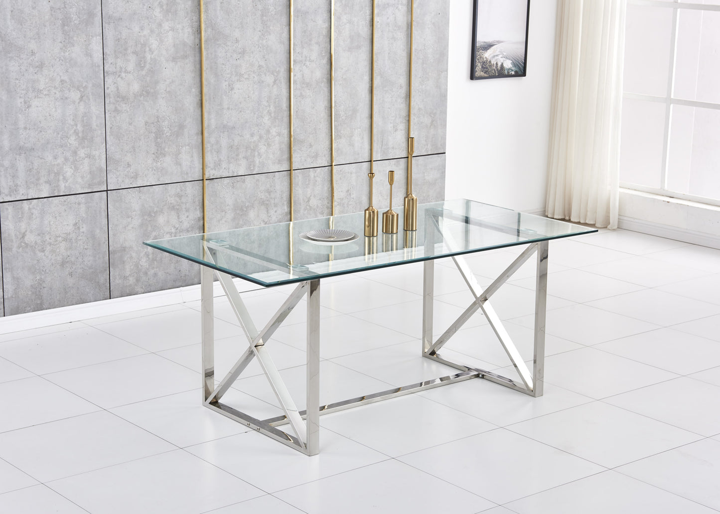 Table repas Kensy – Pieds chrome et plateau transparent 180x90x75 cm
