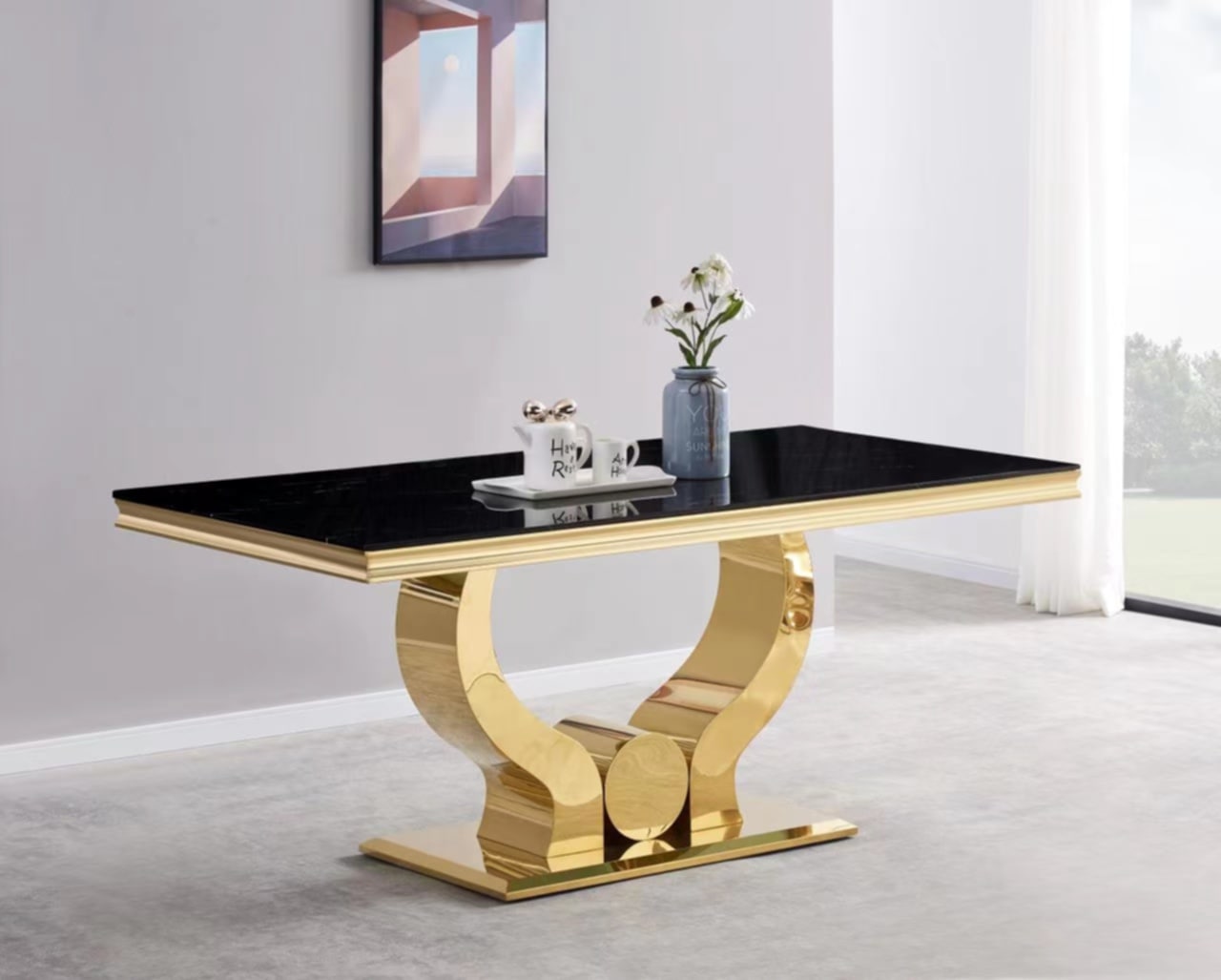 Table repas Trofy – Pieds gold et plateau noir 180x90x75 cm