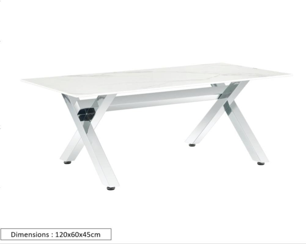 Table Basse IXE – Chrome & Marbre Blanc 120x60x45 cm