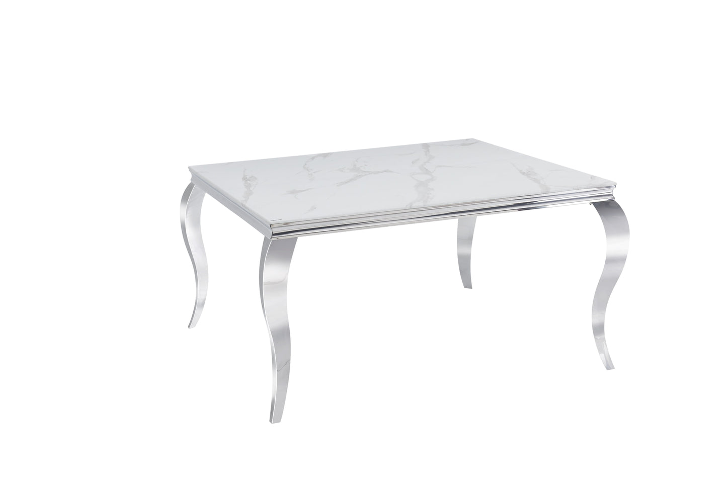 Table de Repas Baroque Carrée – Finition Chrome & Plateau en Marbre Blanc 140x140x75 cm