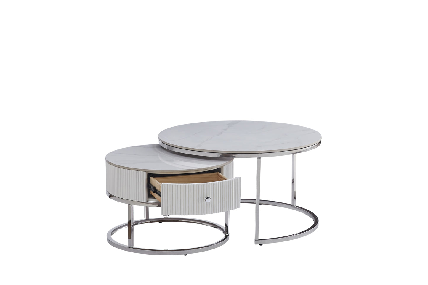 Table Basse Gigogne Samira – Tiroir Chrome & Plateau Céramique Effet Marbre Blanc 80+60 cm