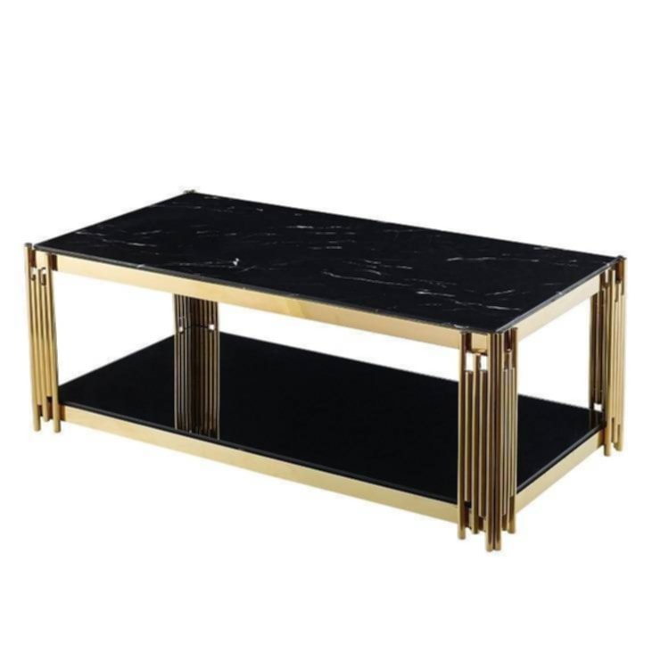 Table Basse Flute – Pieds Gold, Plateau Noir & Marbre Noir 120x60x45 cm