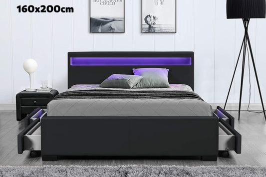 Lit LED en Similicuir Noir avec Tiroirs – 160x200 cm