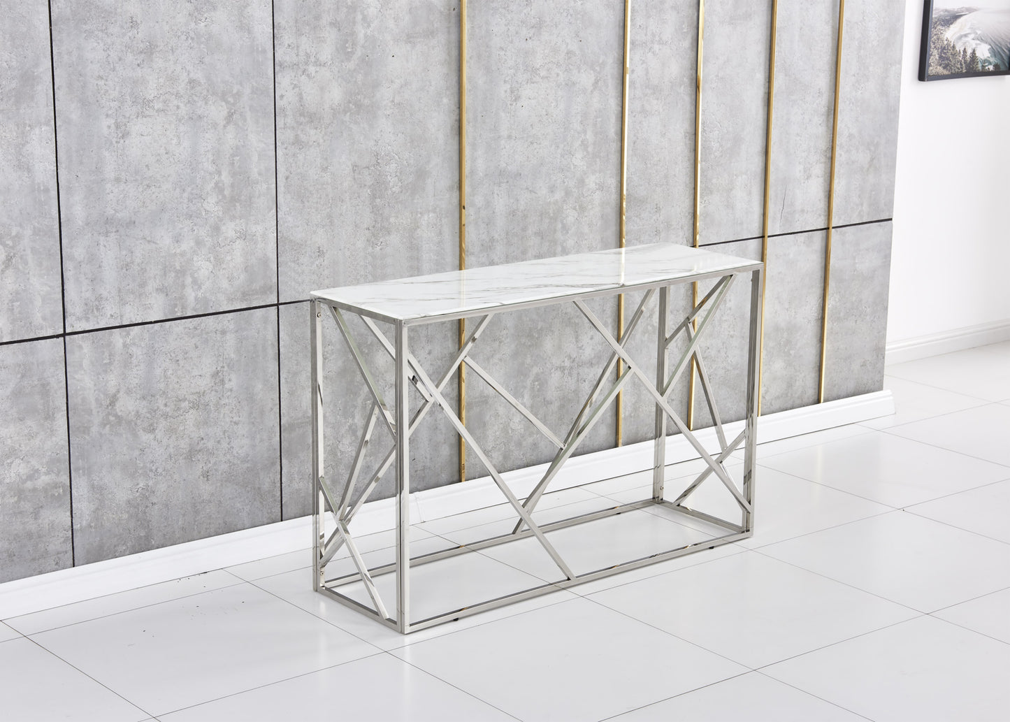 Console Geomag en Chrome avec Plateau Marbre Blanc – 120x40x78 cm