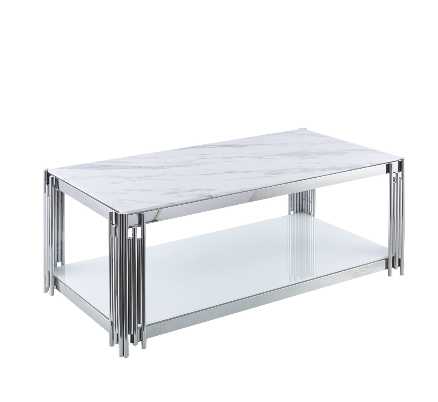 Table Basse Flute – Pieds Chrome & Plateau Marbre Blanc 120x60x45 cm