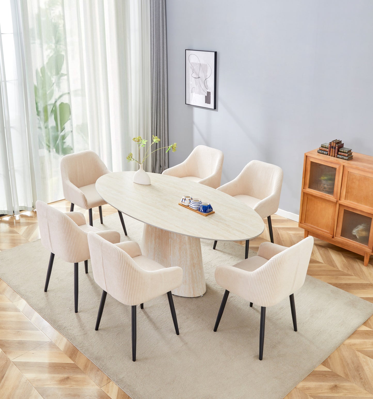 Table de repas Ova – Plateau céramique effet travertin 180 cm