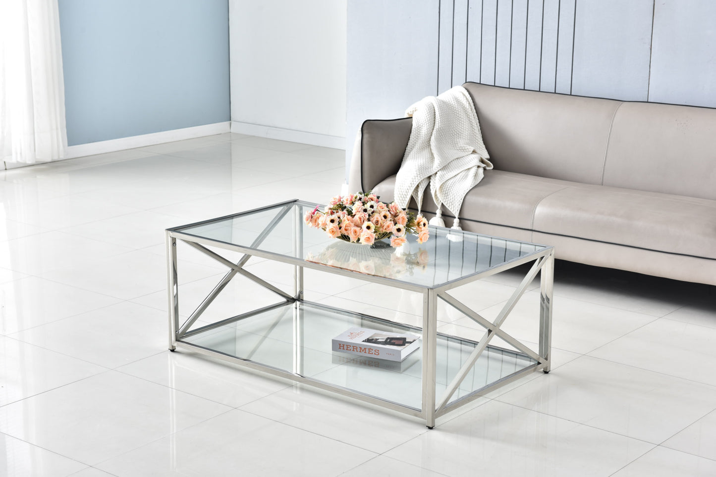 Table Basse Kensy – Pieds Chrome & Plateau Transparent 120x70 cm
