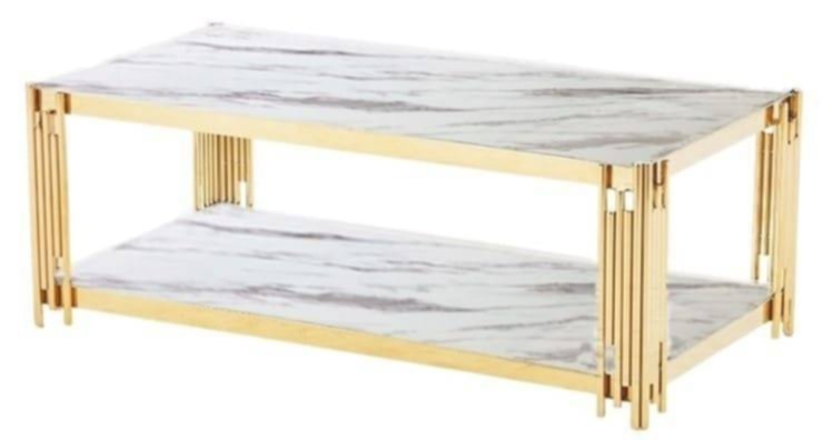 Table Basse Flute – Pieds Gold & Plateau Marbre Blanc 120x60x45 cm
