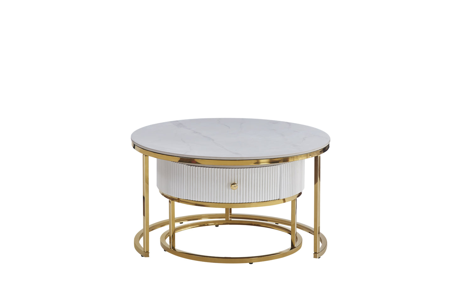 Table Basse Gigogne Samira – Tiroir Gold & Plateau Céramique Effet Marbre Blanc 80+60 cm
