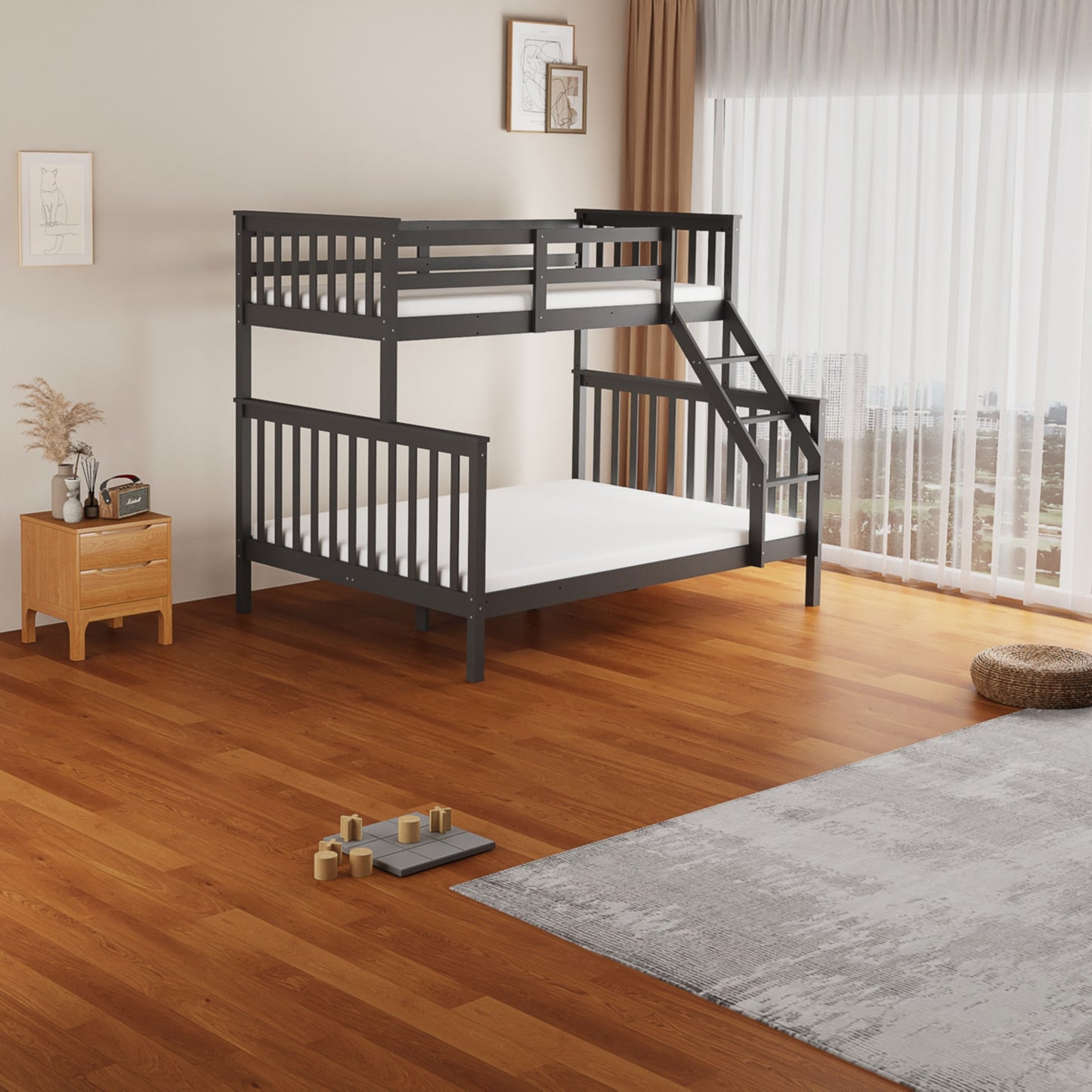 Lit superposé « Batna » en bois 2+1 – Gris – 90x190 cm + 140x190 cm
