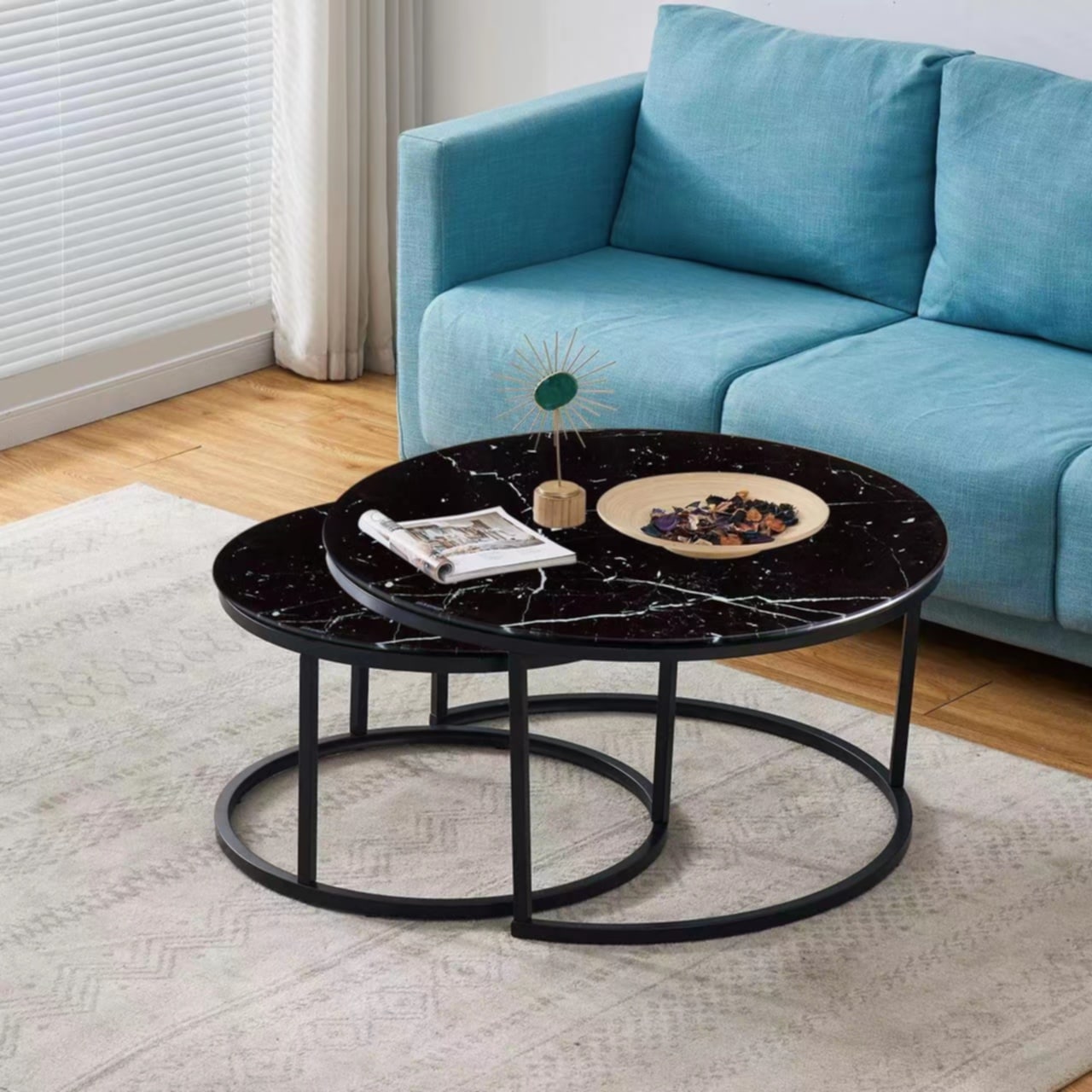 Table Basse Gigogne – Métal Noir & Plateau Verre Marbre Noir
