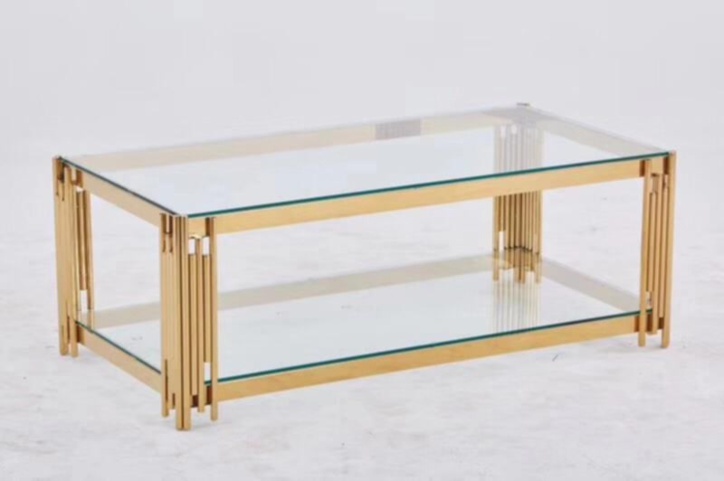 Table Basse Flute – Pieds Gold & Plateau Transparent 120x60x45 cm
