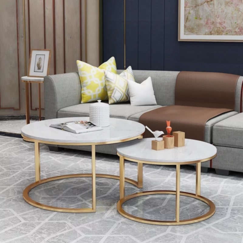Tables Basses Gigognes – Pieds Gold & Plateaux Marbre Blanc 80x45 cm