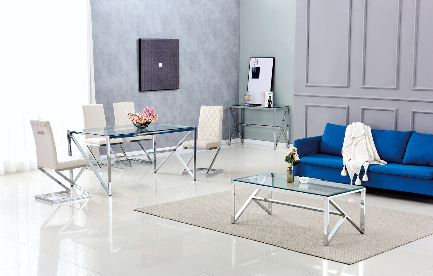 Table à manger Majestique – Pieds chrome et plateau transparent 150x90x75 cm