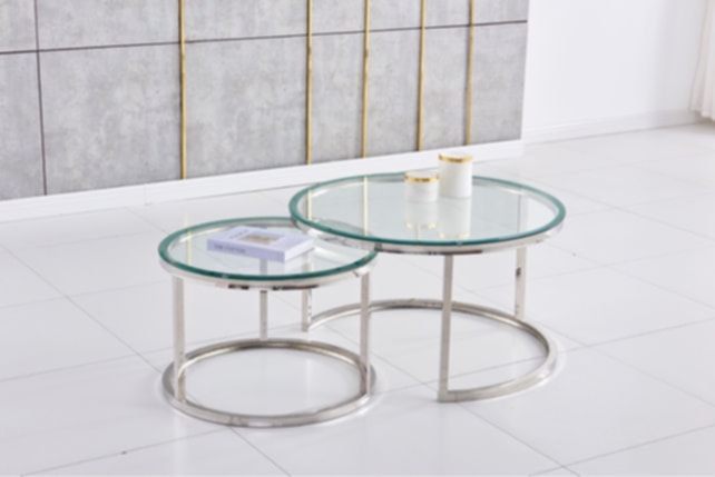 Tables Basses Gigognes – Pieds Chrome & Plateaux Transparants 80x45 + 60x38 cm