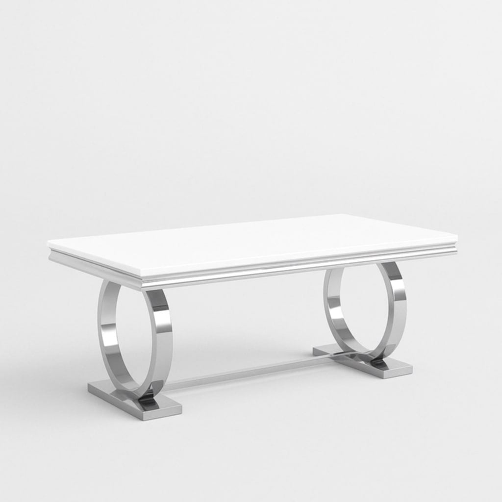 Table de repas Omega – Pieds chrome et plateau effet marbre blanc 180x90 cm