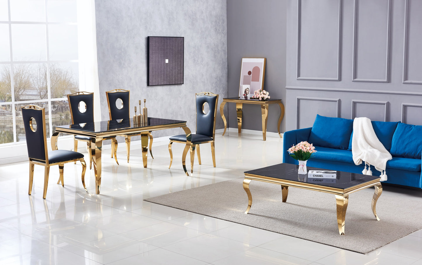 Table repas Baroque – Pieds gold et plateau effet marbre noir 180x90x75 cm