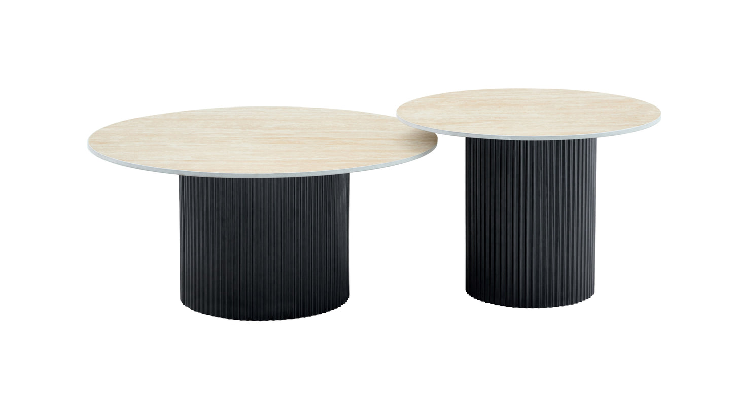 Tables Basses Gigognes Mina – Pieds Noirs & Plateaux en Céramique Effet Travertin Mat (60x45 cm + 80x38 cm)