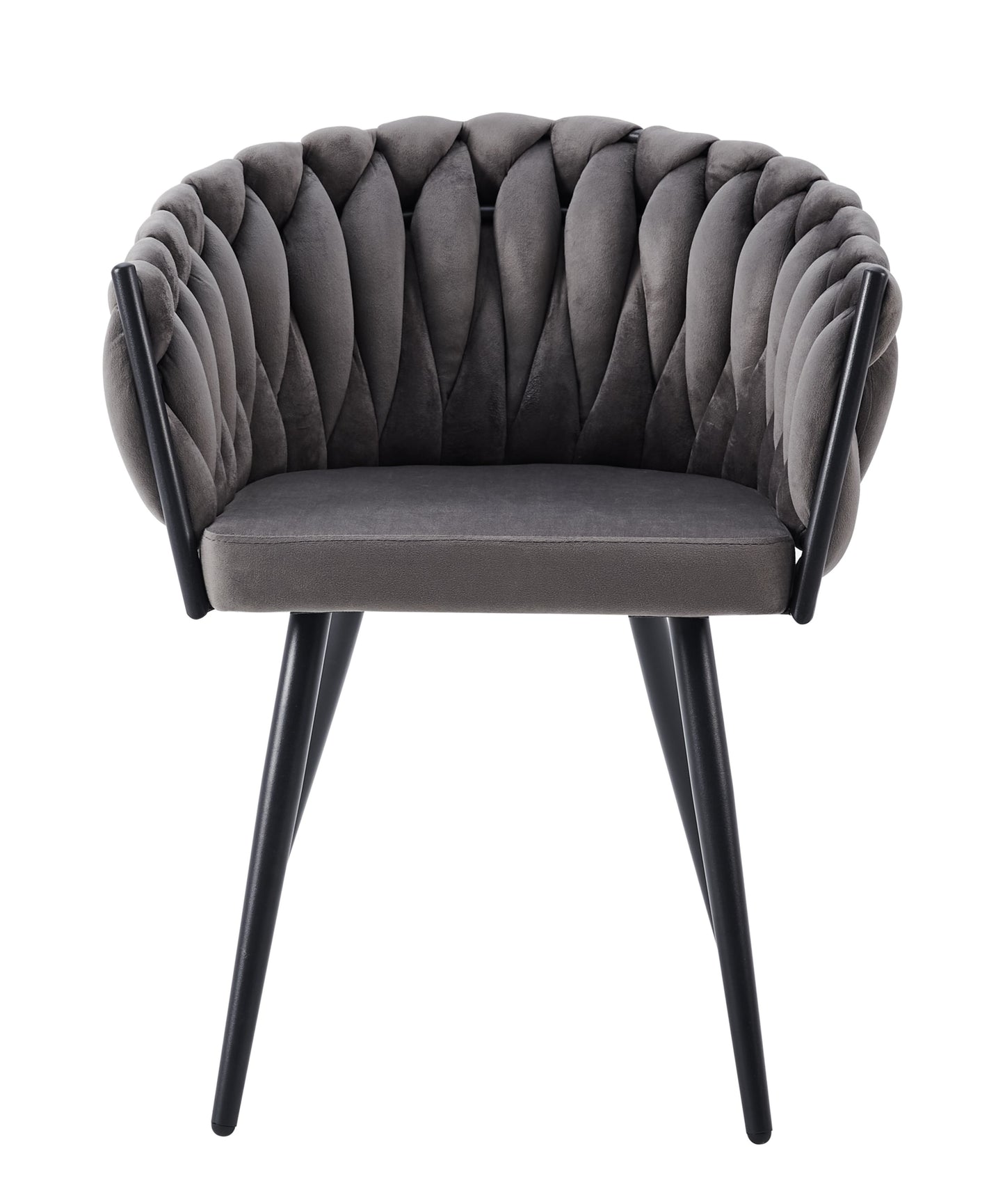 Chaise Tressée avec Accoudoirs en Velours Anthracite et Pieds Métal Noir – Élégance et Confort