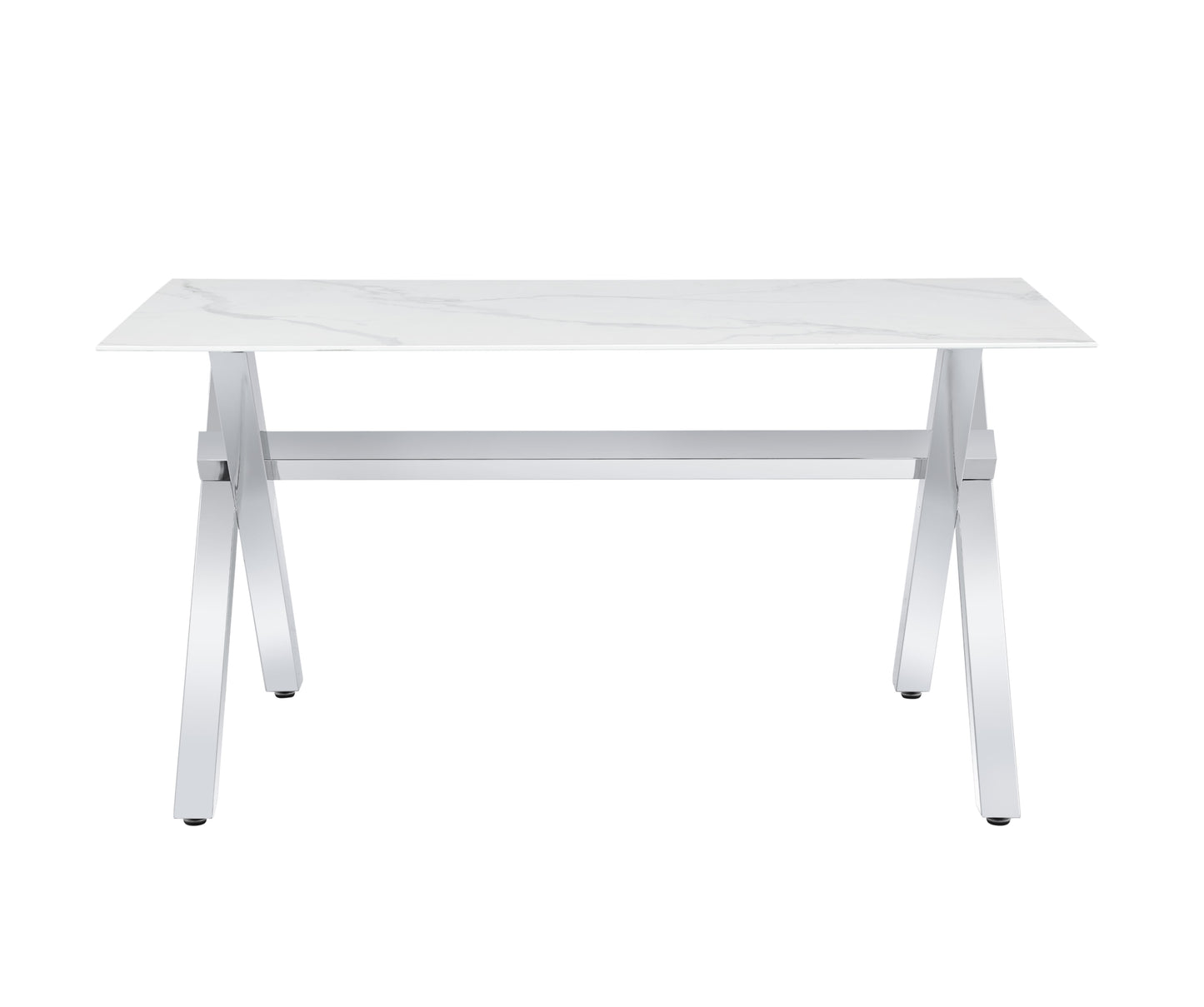 Table repas Ixe – Pieds métal chrome et plateau effet marbre blanc 180x90x70 cm