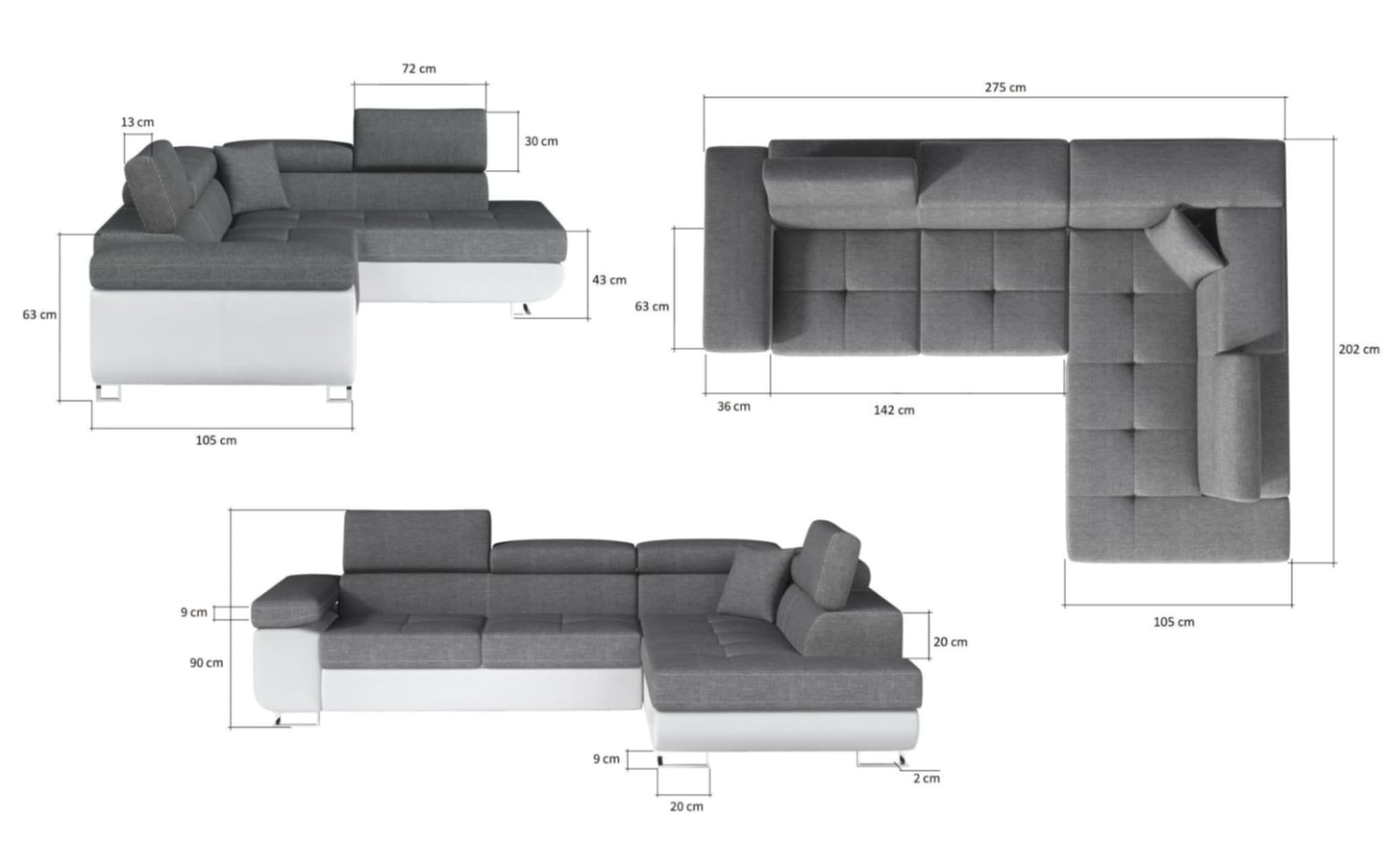 Canapé Toulouse – Angle droit convertible 275 x 205 cm