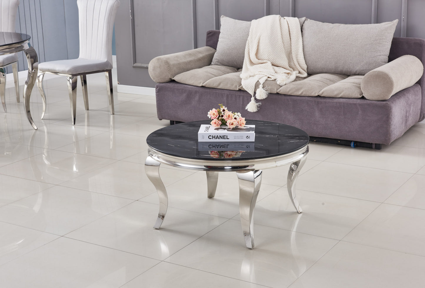 Table Basse Baroque Ronde – Chrome & Marbre Noir 80x45 cm