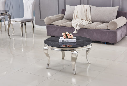 Table Basse Baroque Ronde – Chrome & Marbre Noir 80x45 cm