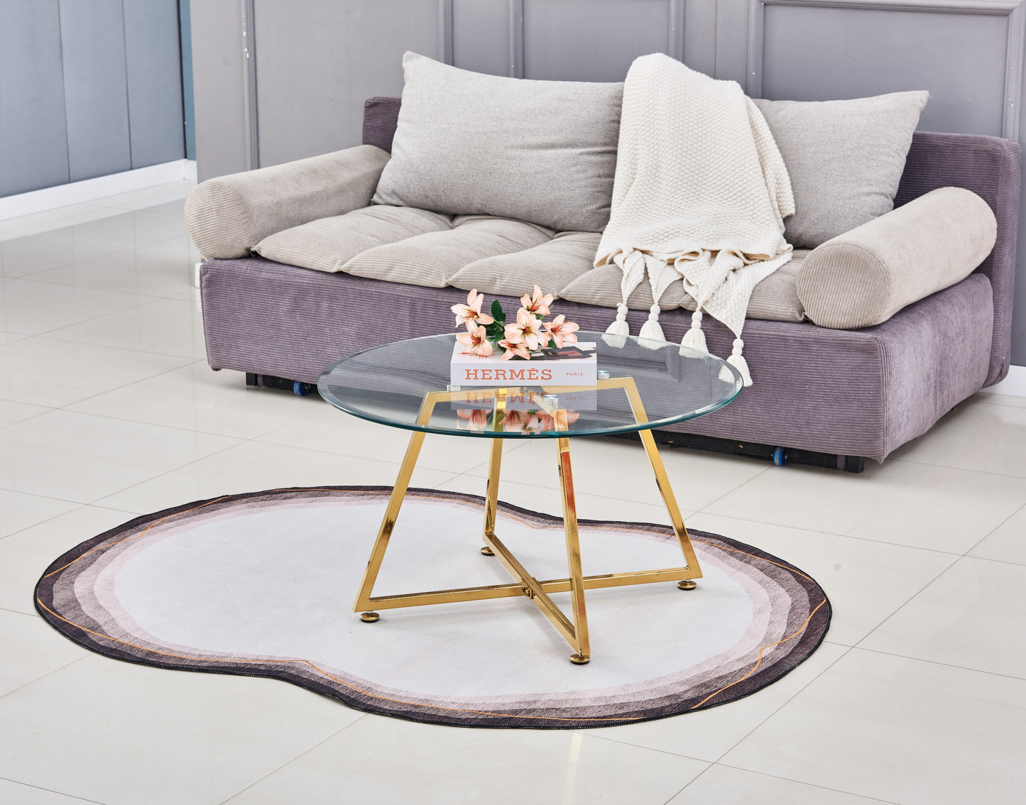 Table Basse Héloïse – Gold & Plateau Transparent 80x45 cm