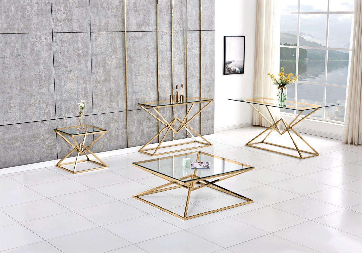 Console Pyramide en Métal Doré avec Plateau Verre Transparent – 120x40x78 cm