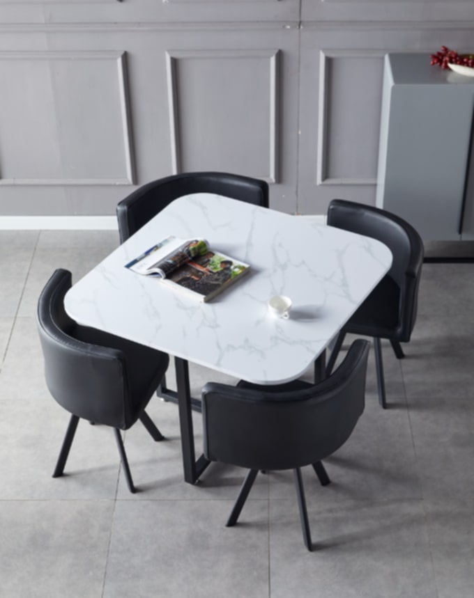 Table repas Vendôme – Plateau effet marbre avec 4 chaises – 100x100x75 cm