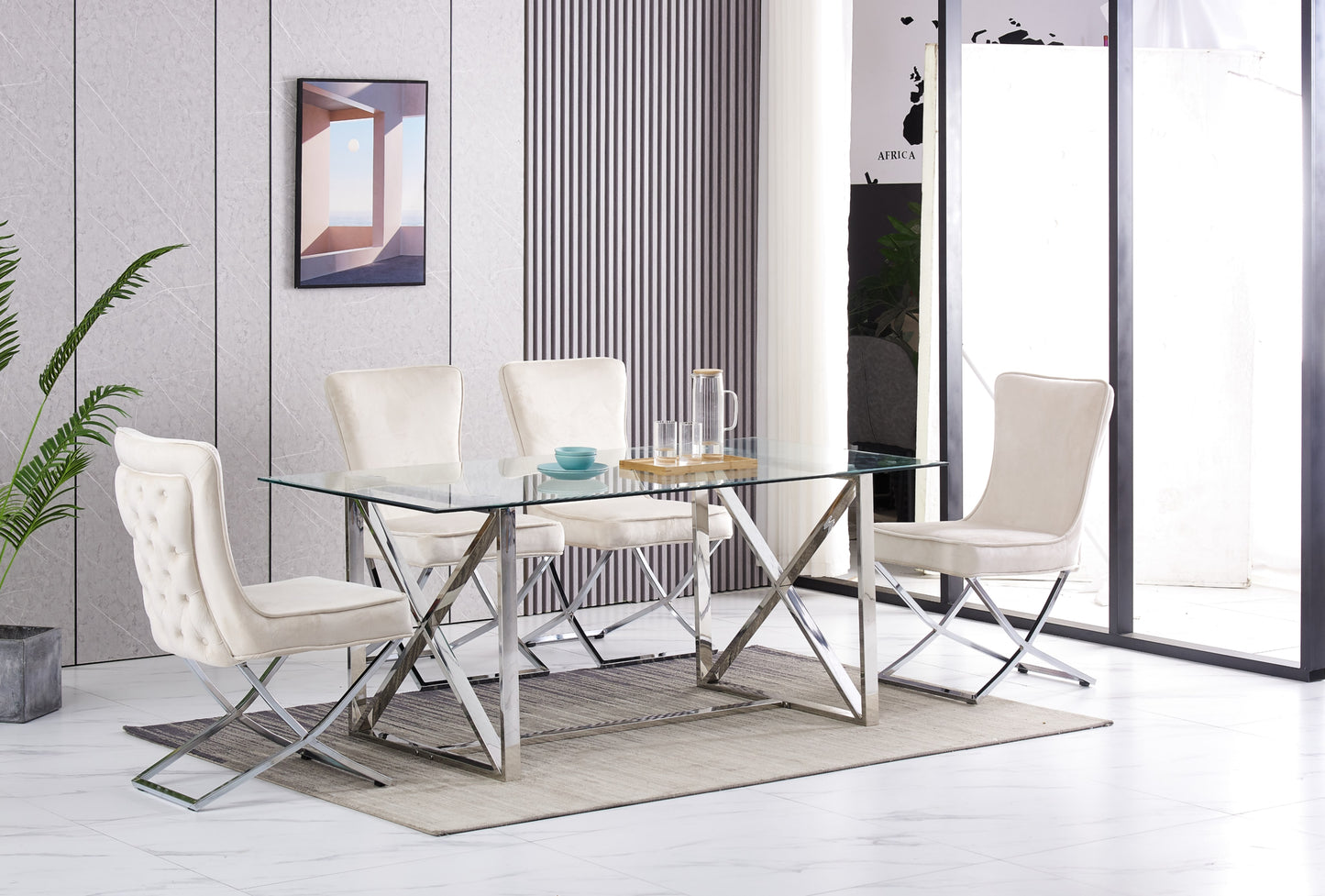 Table repas Kensy – Pieds chrome et plateau transparent 180x90x75 cm