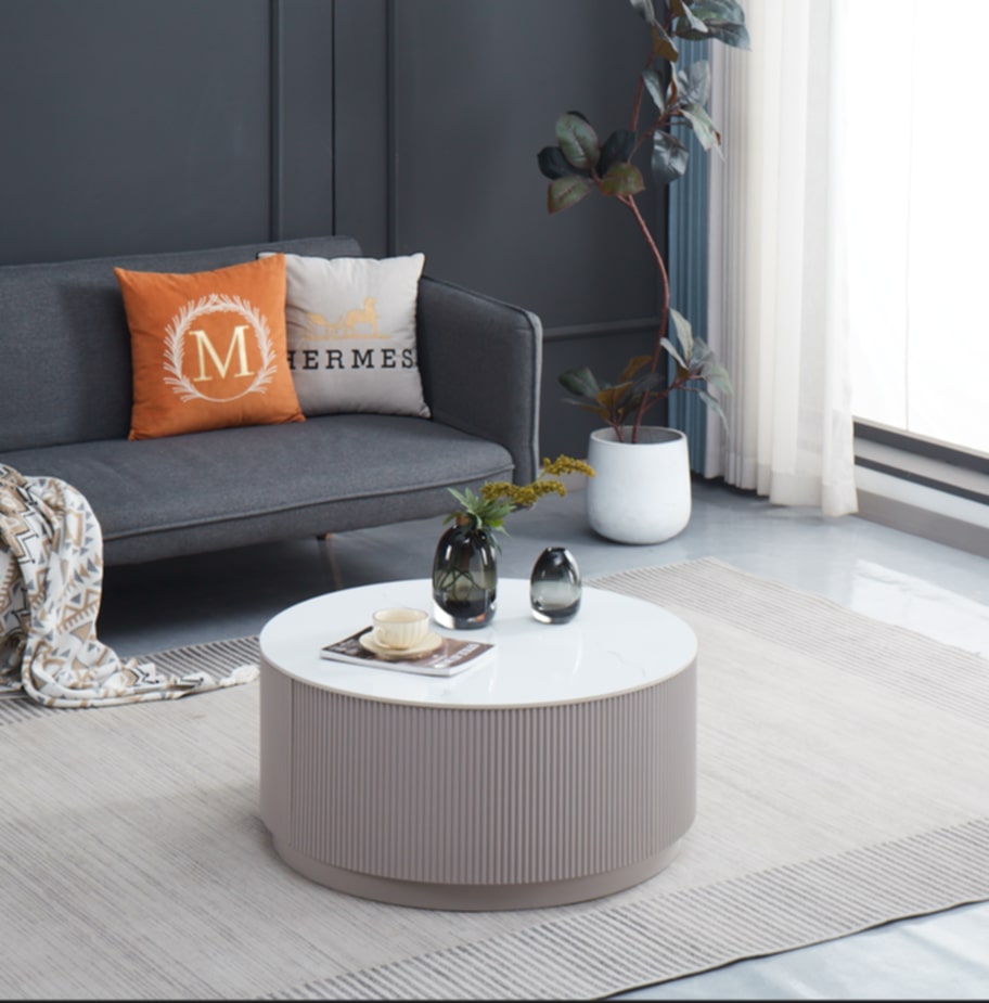 Table Basse Bari – Bois Frisé & Plateau Marbre Blanc avec Tiroir 80x45 cm
