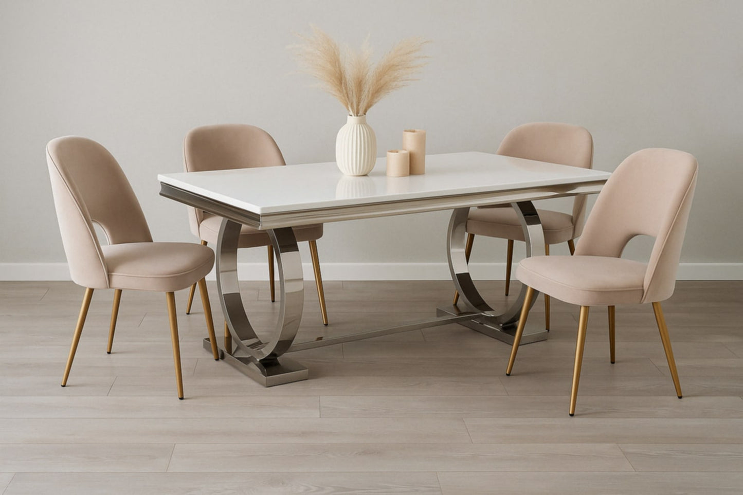 Table de repas Omega – Pieds chrome et plateau effet marbre blanc 180x90 cm