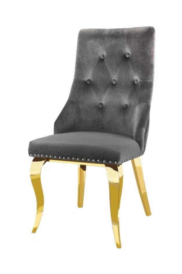 Chaise Anneau Cloutée en Velours Anthracite avec Pieds Dorés – Élégance et Confort