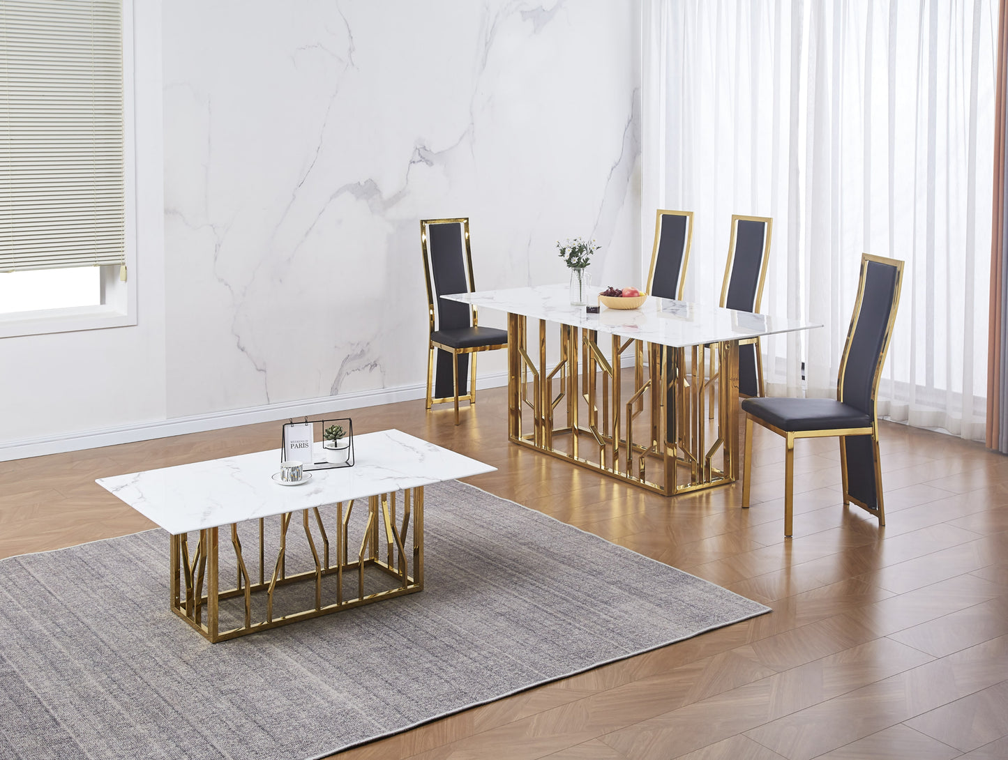 Table repas Portofino – Pieds gold et plateau effet marbre blanc 180x90x75 cm