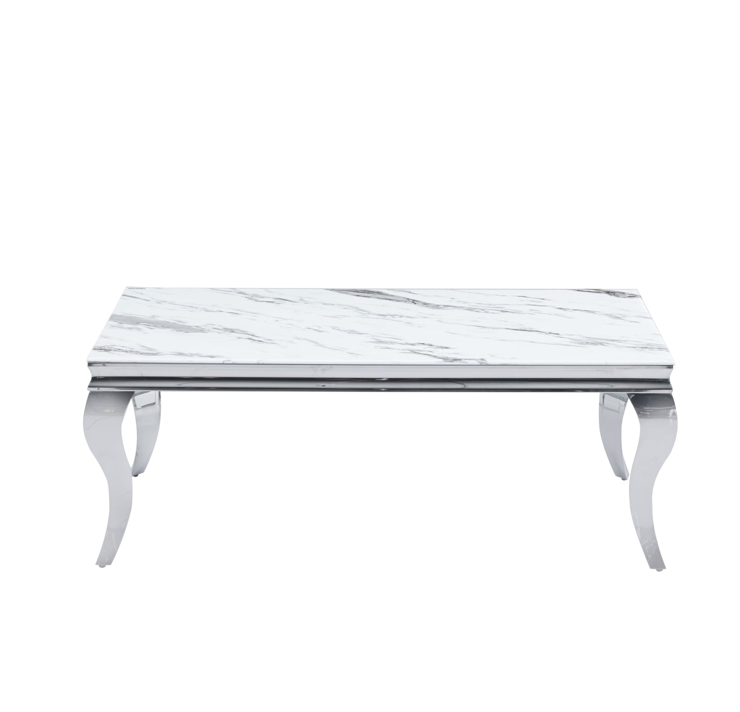 Table Basse Baroque – Chrome & Plateau Céramique Effet Marbre Blanc 120x60x45 cm