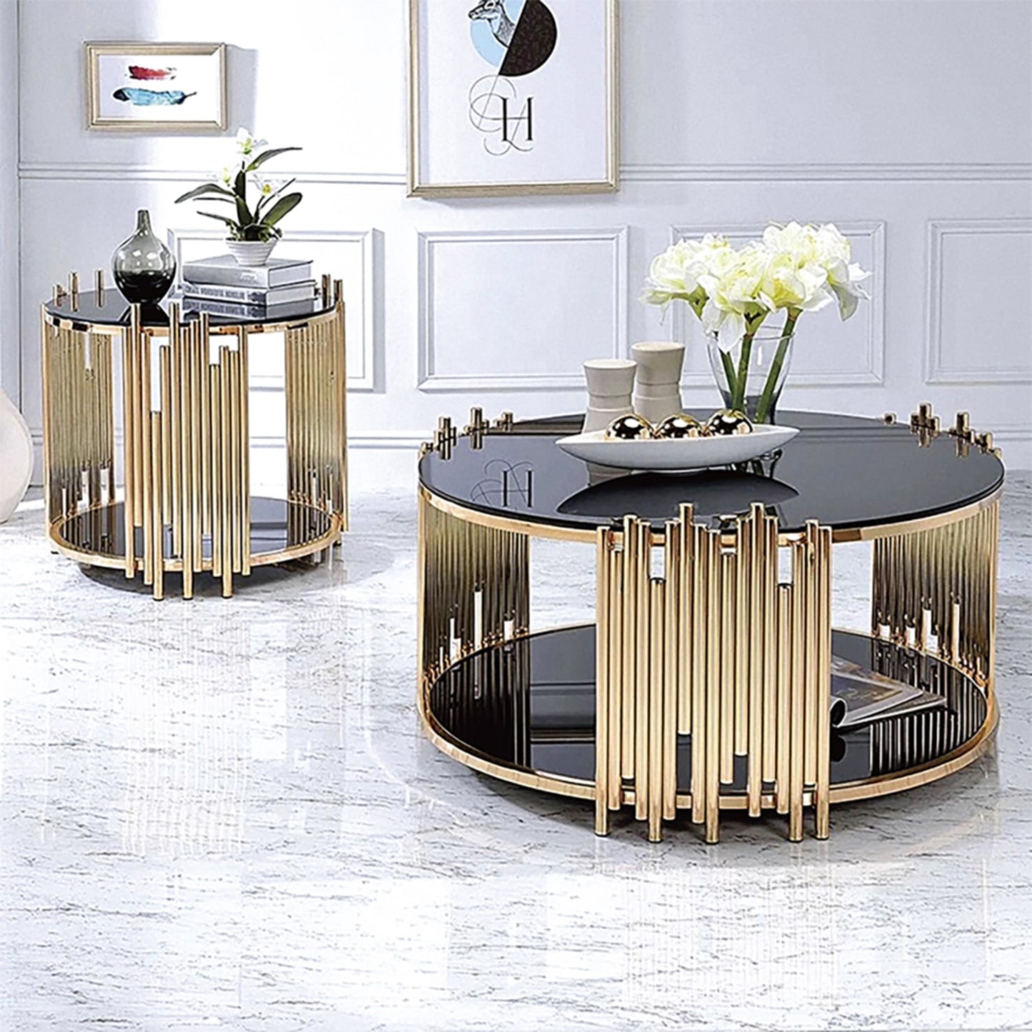 Table Basse Stick – Pieds Gold & Plateau Noir 90x45 cm