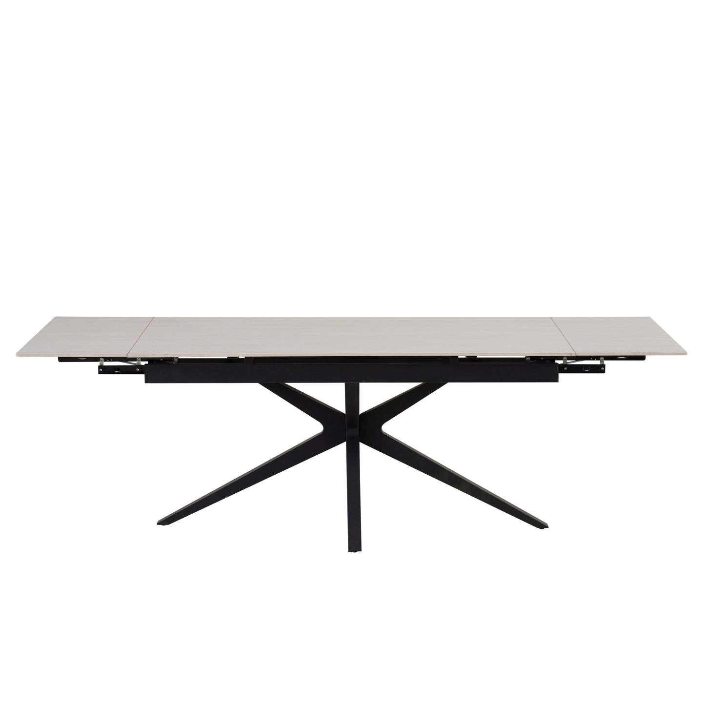 Table de repas extensible Tonia – Pieds métal noir et plateau céramique travertin blanc 180/260x90x76 cm