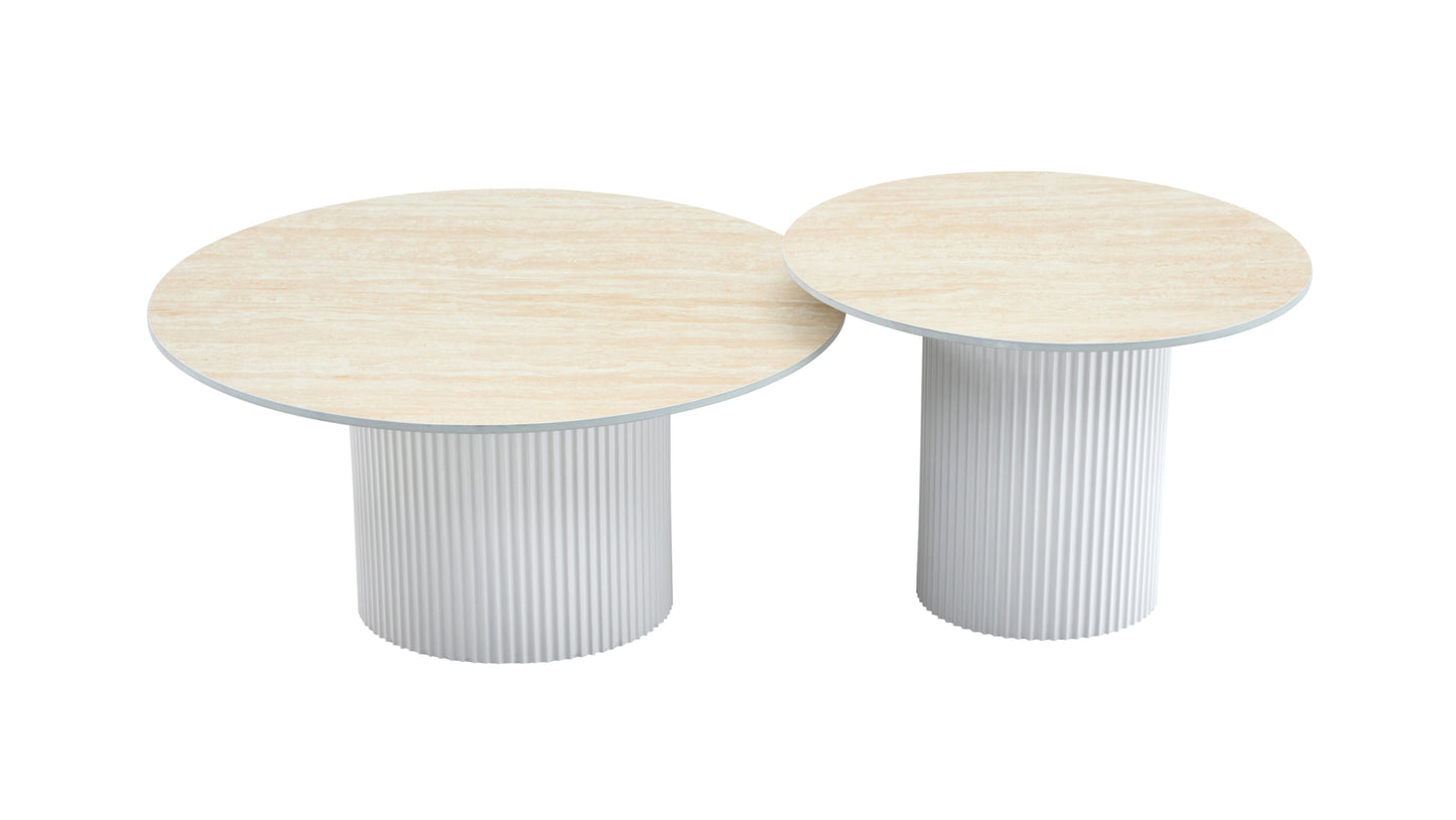 Tables Basses Gigognes Mina – Pied Blanc & Plateaux Céramique Effet Travertin Mat 60x45 cm + 80x38 cm