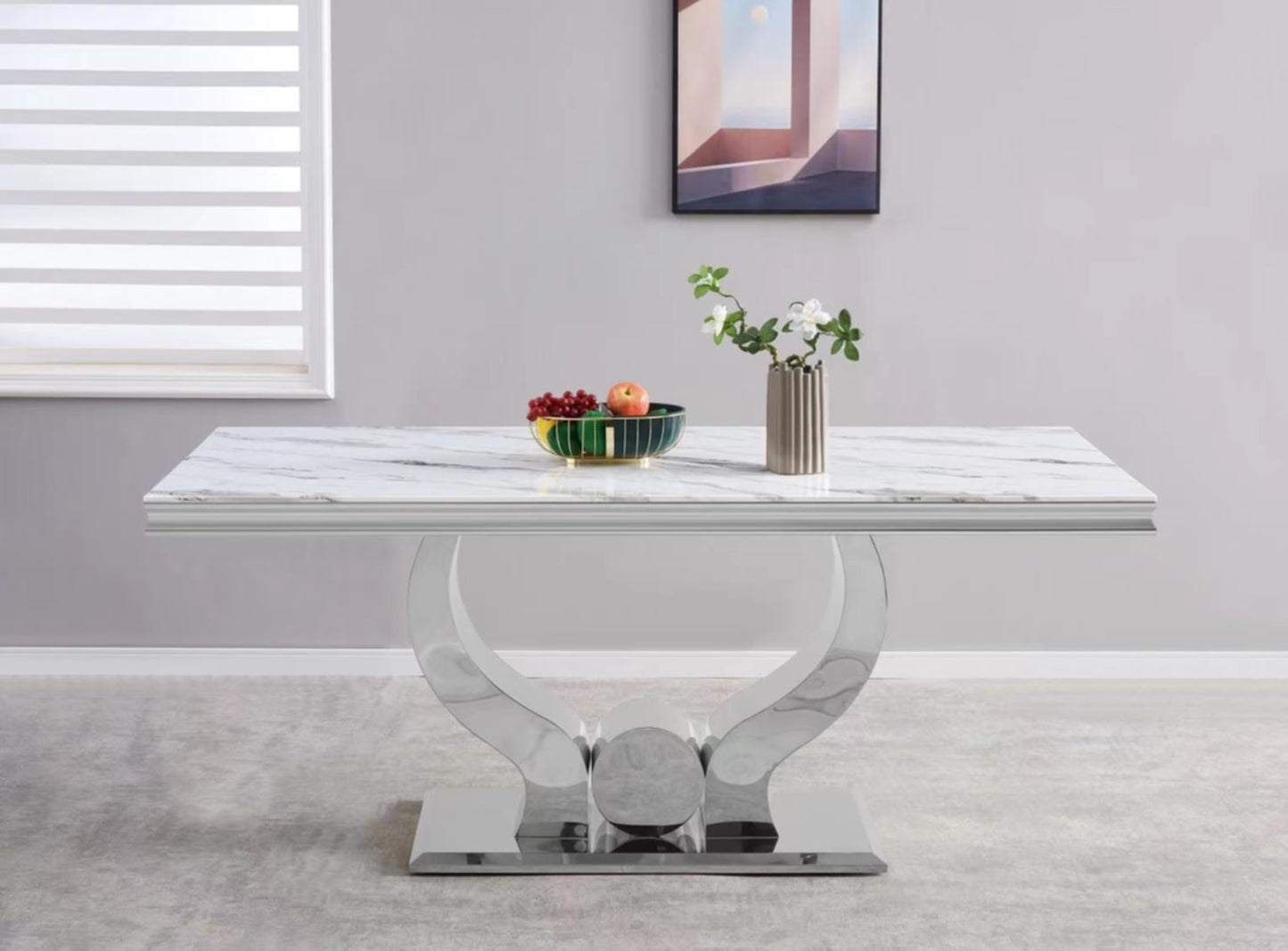 Table repas Trofy – Pieds chrome et plateau effet marbre blanc 180x90x75 cm