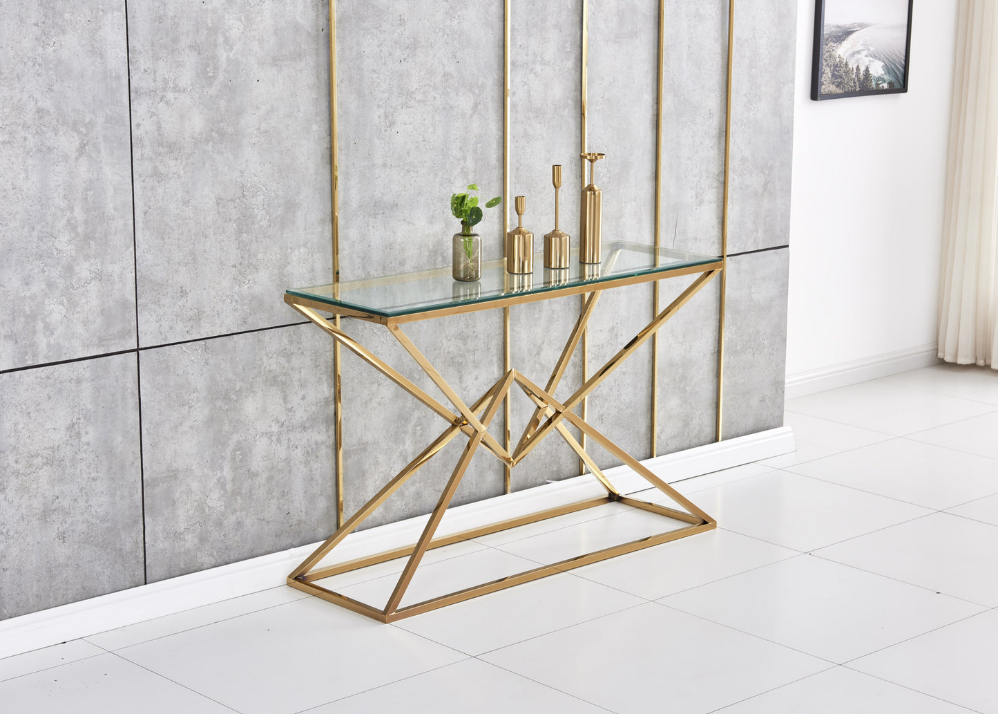 Console Pyramide en Métal Doré avec Plateau Verre Transparent – 120x40x78 cm