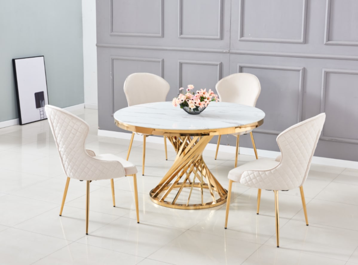 Table à manger Nautilus – Pieds gold et plateau effet marbre blanc Ø130 cm