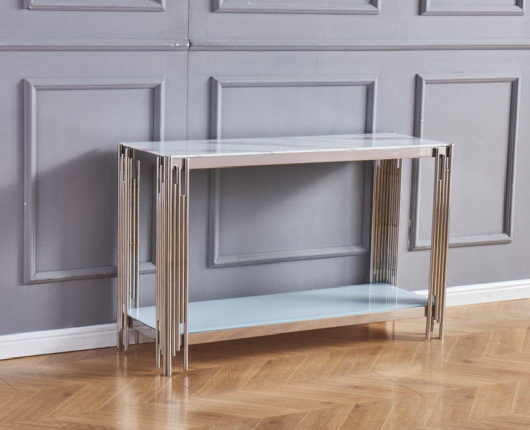 Console Flute en Chrome avec Plateau Marbre Blanc – 120x40x78 cm