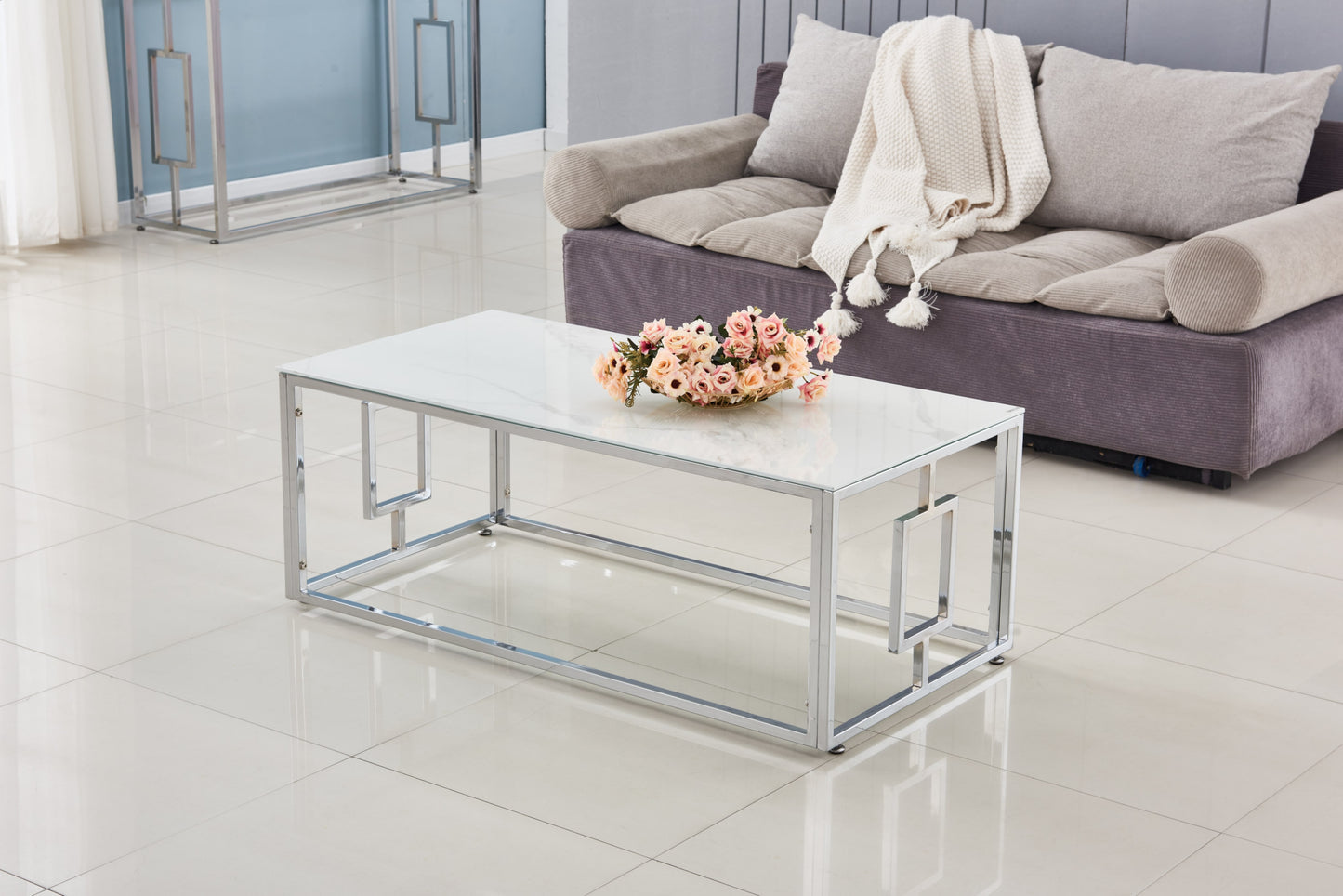 Table Basse Sophie – Chrome & Marbre Blanc 120x60x45 cm