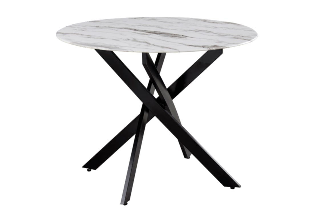 Table repas Jessica – Pieds métal noir et plateau effet marbre blanc 120x75 cm
