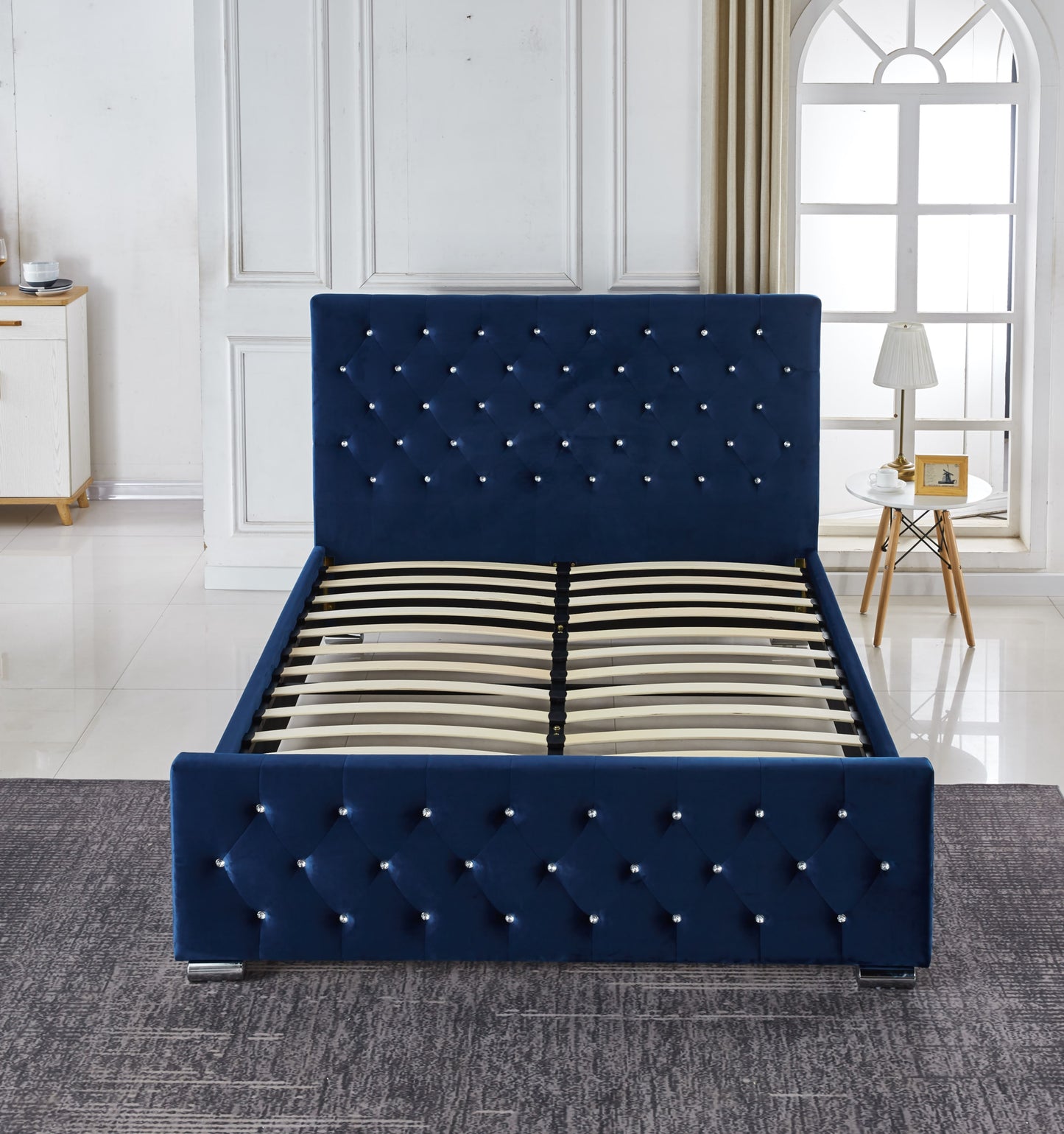 Lit Prestige Capitonné avec Diamants en Velours Bleu 160x200 cm
