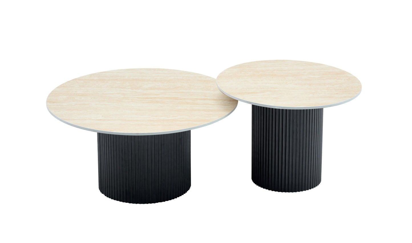 Tables Basses Gigognes Mina – Pieds Noirs & Plateaux en Céramique Effet Travertin Mat (60x45 cm + 80x38 cm)