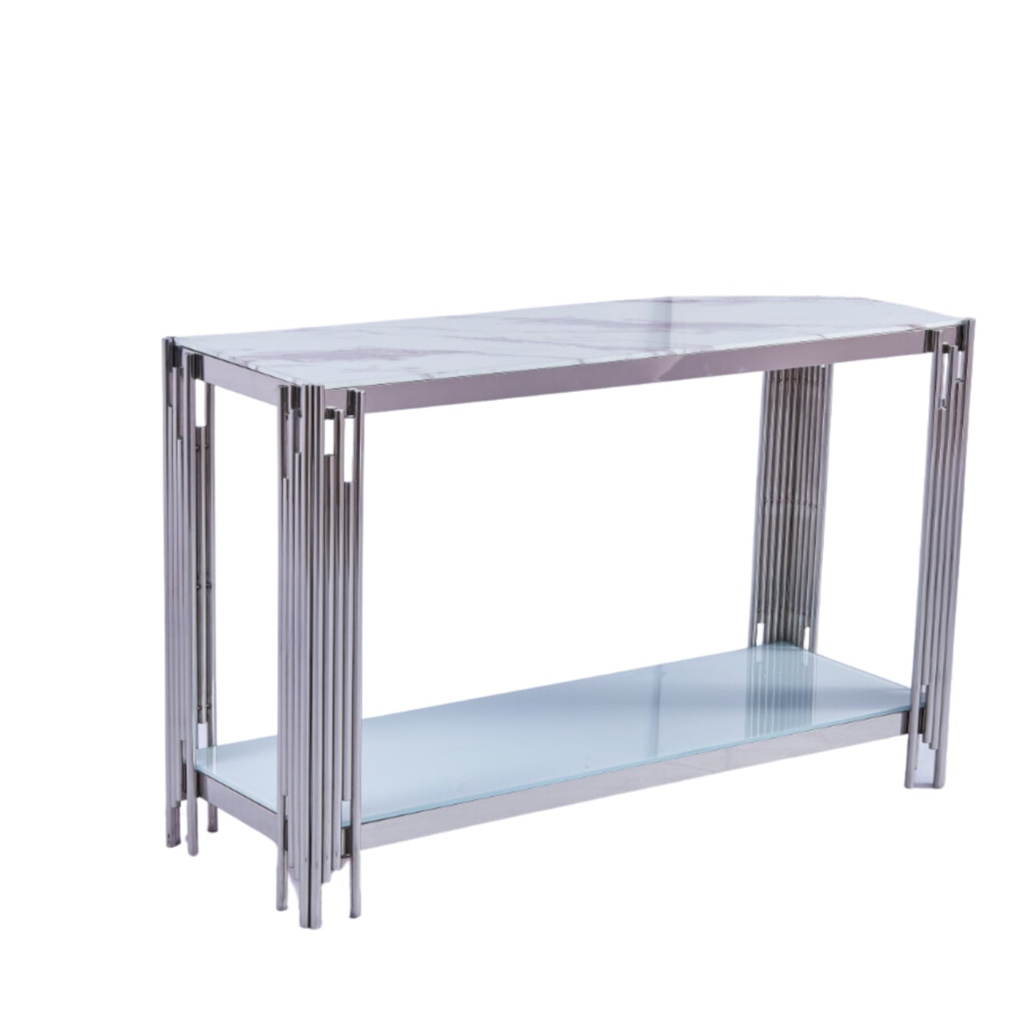 Console Flute en Chrome avec Plateau Marbre Blanc – 120x40x78 cm
